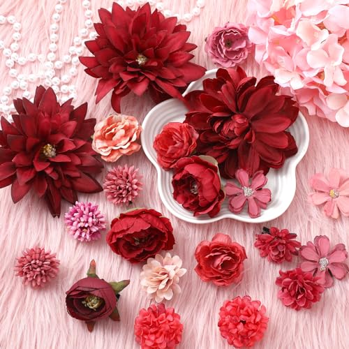 BBTO 21 Pcs Flower Hair Clip Rose Hair Clips Barrettes for Women Flower Accessories Boho Bride Claw Clip Hairpin Brooch Pin Headpiece for Wedding (Red Series) - color: Red Series