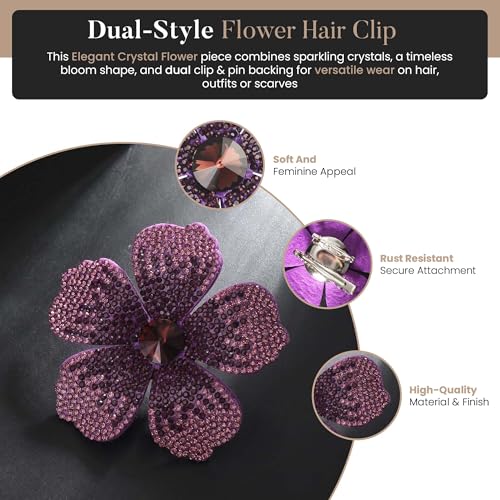 2.9 Inches Created Crystal Hibiscus Hawaiian Flower Hair Clips for Women | Boho Braids Artificial Flower Clips for Hair - color: Purple