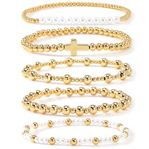 14K Gold Plated Beaded Bracelets Stack Set for Women,Stretch Boho Colorful Beads Ball Jewelry Friendship Summer Trendy - color: Cross