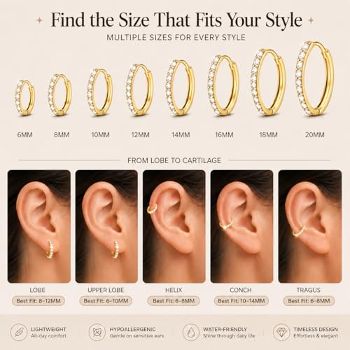 925 Sterling Silver Huggie Hoop Earrings for Women Men, Hypoallergenic Small Sleeper Hoop Earrings for Sensitive Ears, Lightweight Tiny Cartilage Helix Tragus Hoops 6mm 8mm 10mm - size: golden white Cubic Zirconia 10mm