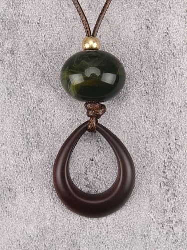 Kelake Leather Necklace for Women Men Teen Vinatge Boho Alloy Pendant Choker Jewelry Fashion Sweater Necklaces with Adjustable Genuine Leather Chain - color: Jade Bead Teardrop Wood Pendant