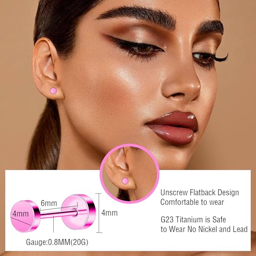 ZDE Women Earrings Flat Back Dot Earrings Titanium Hypoallergenic Cartilage Non-Nickel Earrings Studs for Sensitive Ears Simple Classic 3mm/4mm/5mm/6mm Screw On Stud Earring - color: Pink, size: 4MM