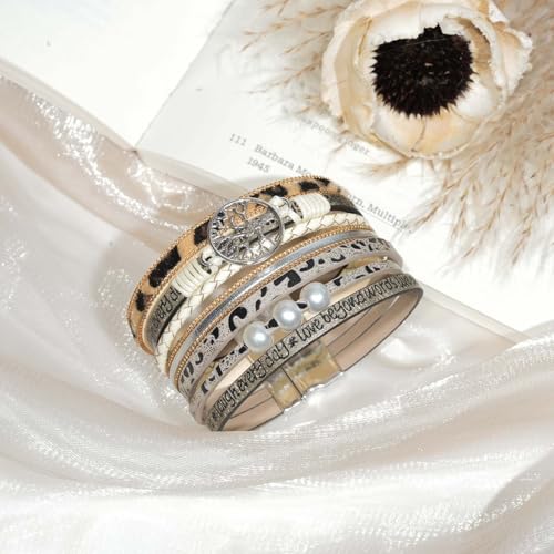 Leather Wrap Bracelet for Women, Boho Cuff Bracelet with Strong Clasp, Multi-Layer Crystal Leather Bracelet for Valentine Mother's Day - color: 02-Tree of Life-Leopard)