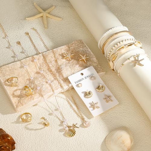 MEDOJO 17 Pcs Beach Jewelry for Women Seashell Starfish Earrings Rings Boho Summer Beach White Anklet Set Summer Jewelry Set