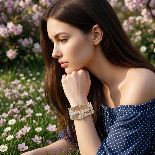 Bohemian Bracelet Sets for Women - 4-Pack Stackable Stretch Bead Bracelets with Black＆White Crystal & Gold Accessories, Multi-Layer Boho Jewelry - color: white