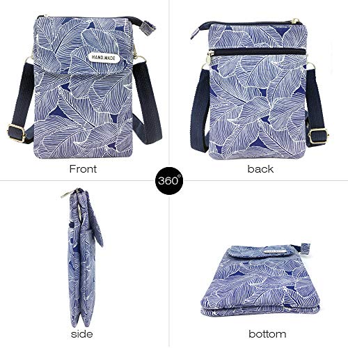 Roomy Cell Phone Purse Wallet Canvas Small Crossbody Purse Bags with Shoulder Strap For Women teen girlsl | Roomy - color: A-blue Leaves