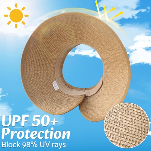 NPQQUAN Sun Visor Hats for Women Wide Brim Ponytail Straw Beach Hat Packable Foldable UPF 50+ Floppy Travel Hats - color: (Beige)), style: Classic