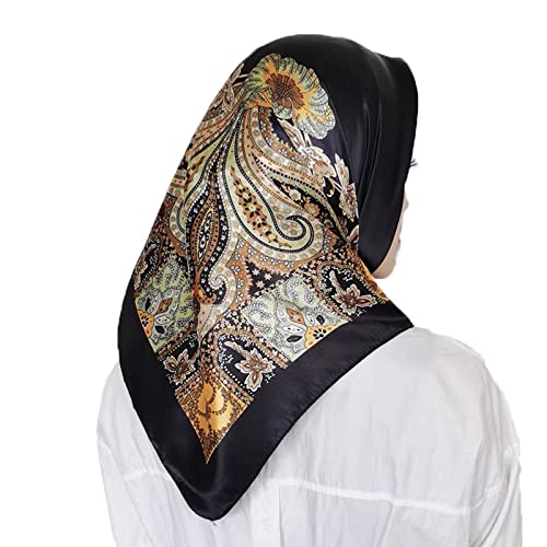 35 x 35 Women's Fashion Pattern Large Square Silk Like Hair Scarf Head Sleeping Wrap Satin Neck Bandana for Gift… - color: Large Cashews - Black