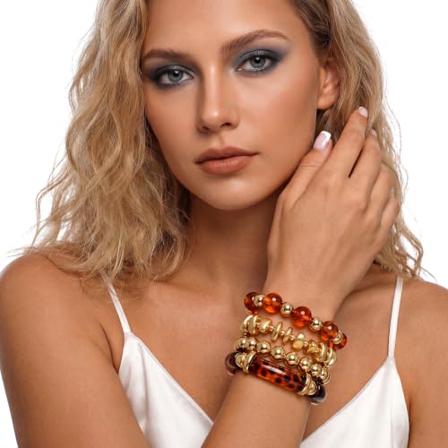 GOOJIDS Simple Beaded Gold Plated Bangles Bracelet Chunky Bamboo Tube Curved Stacking Clear Acrylic Colorful Beads Stretchable Gold Plated Bracelets Set For Women - color: T New Brown Beads Set