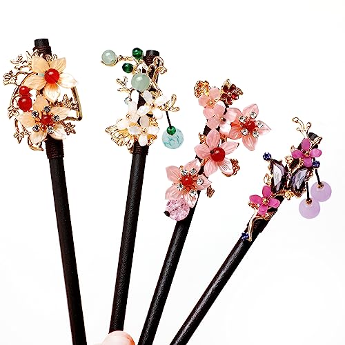 4 PCS Wooden Hair Sticks Chinese Traditional Flower Hair Sticks for Long Hair Hair Chopsticks for Women Girl Classic Vintage Flower