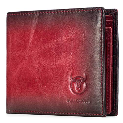 BULLCAPTAIN RFID Wallets for Men,Genuine Leather Wallet QB-05（Crimson ） | Slim,Bifold,Front Pocket Wallet, 2 ID Windows,11 Card Slots,RFID Blocking TechnologyGift Choice - color: Crimson