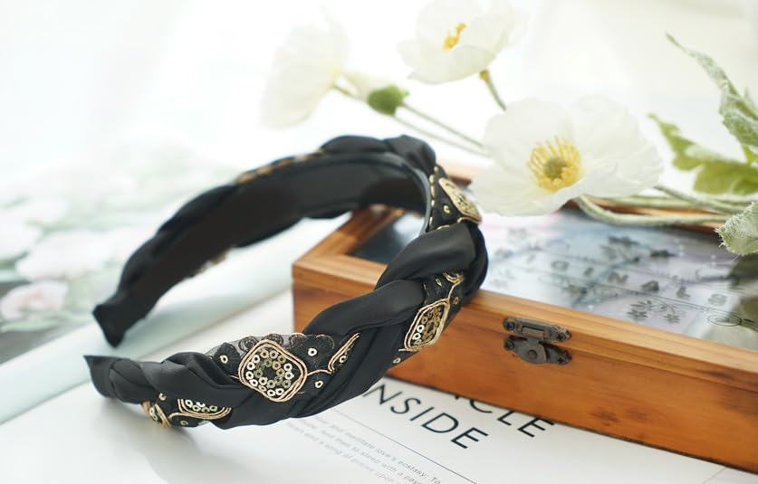 Braided Headband for Women-Vintage Fabric High Crown Headband with Non-Slip Teeth, Cute Boho Knotted Hair Band for Women & Teens (30-Black, One Size) - color: 30-Black