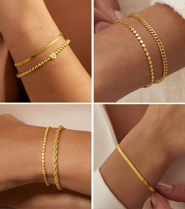 doubgood Gold Bracelets for Women Stackable, 14K Gold Plated Waterproof Bracelet Set, Dainty Adjustable Gold Bracelet Stack with Heart Initial Charm Layered Chain Jewelry Gifts for Women - color: I - Gold