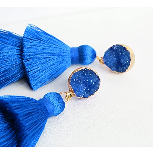 Me&Hz Colorful Layered Tassel Earrings Bohemian Statement Tiered Tassel Big Dangle Drop Earrings for Women Druzy Studs Valentine’s Day Gift - color: Blue