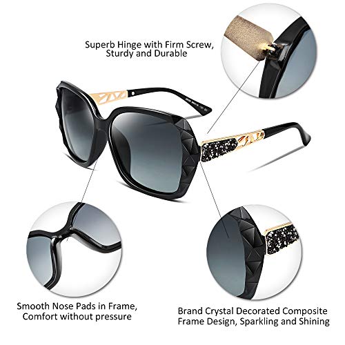 FEISEDY Polarized Women Square Sunglasses Sparkling Composite Shiny Frame B2289 - color: 2 Black/Fade Smoke