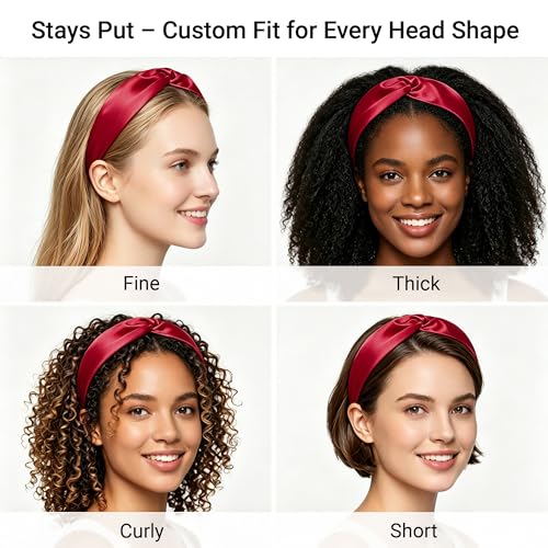 ZLYC Mulberry Silk Headband Elastic Twist Knotted Head Bands for Women's Hair, Solid Burgundy - color: Solid Burgundy