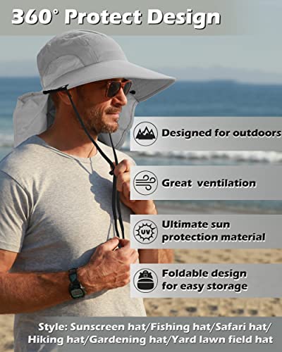 Tirrinia Wide Brim Sun Hat with Neck Flap for Men & Women, Breathable Hiking Fishing Safari Hat, Outdoor UV Protection Cap - color: Gray