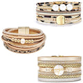 Wowanoo 3Pack Leather Cuff Bracelet Set Multilayer Wrap Bracelet Crystal Feather Tree Bracelet Magnetic Clasp Bracelet for Women - color: Pearl Khaki