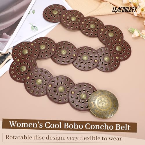 LEACOOLKEY Women's Boho Disc Belt Wide Western Leather Belt Vintage Concho Waist Belts for Dress Jeans - color: A-brown, size: Fits 46"–51" (Waist/Hips), style: Style a