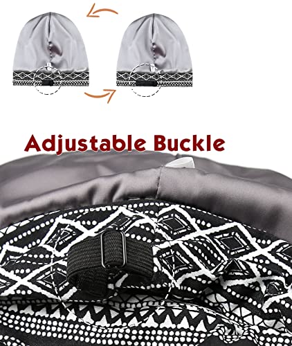 Adjustable Satin Lined Sleep Cap for Dreadlocks Curly Hair Large Head-Stay On Overnight - color: Navy White