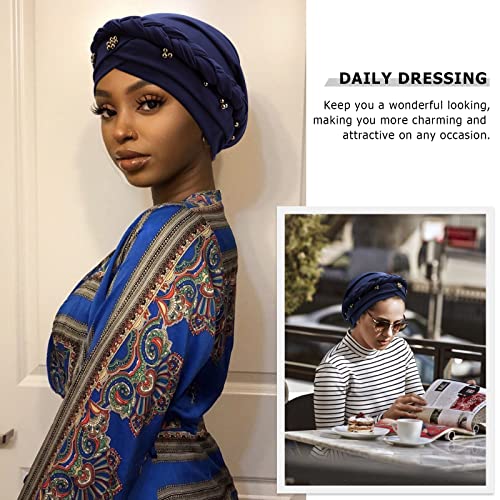 African Women Turban Caps Pre-Tied Twisted Turbans Head Scarf for Women Hair Wraps Cover Beanie Cancer Chemo Headwear - color: 1 Pack Twisted Braid: Gold Bead Navy