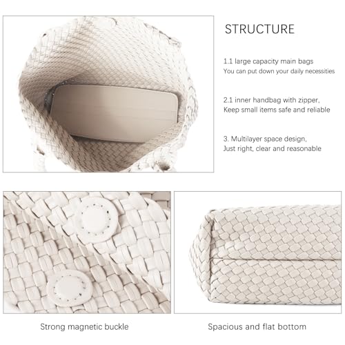 Hand Woven Bag Tote BagS For Women Top Handle Shoulder Vegan Leather Large Travel Beach Hobo Handbag - color: Beige