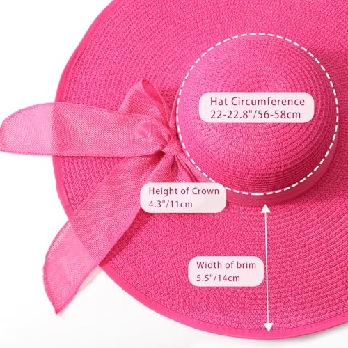 DRESHOW Beach Hats for Women Big Straw Wide Brim Summer Hat Floppy Foldable Roll up Cap Sun Hat UPF 50+ - color: Deep Pink / 5.5" Brim, 1 Pack