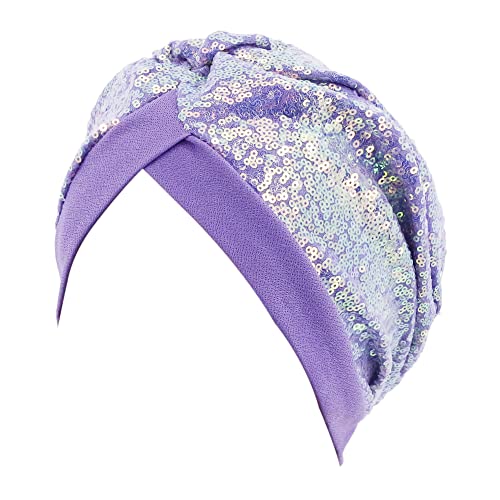 Erinaco Women Sparkle Sequin African Turban Bow Knot Pre-Tied Cap Pleated Ruffle Bonnet Beanie Hat Headwrap Skull Caps - color: Sparkle Light Purple
