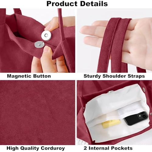 Corduroy Tote Bag for Women Small Canvas Shoulder Purse Cord Handy Bag with Inner Pocket | with Front Pocket - color: 02 Red