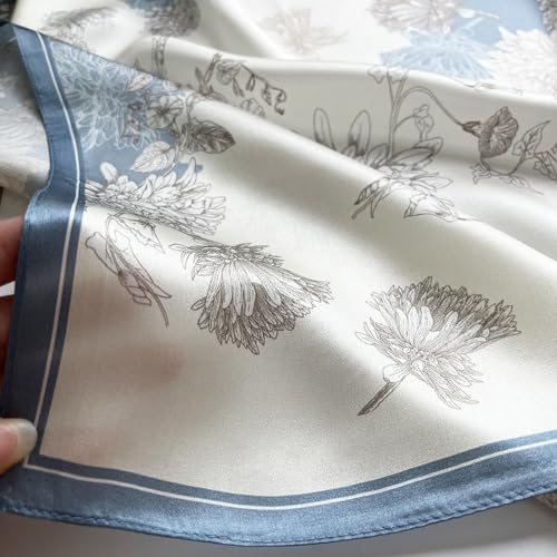 FONYVE 100% Mulberry Silk Scarfs for Women-Lightweight Square Satin Head Scarf-Small Silk Hair Scarf for Sleeping 21"x21" - color: 12 Blue Chrysanthemum