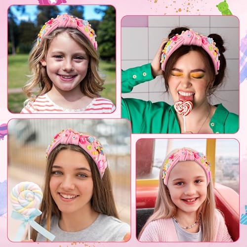 PANTIDE Candy Jeweled Knotted Headband - Valentine's Day Rainbow Lollipop Rhinestone Embellished Preppy Headband Non Slip Wide Top Knot Hairband Hair Accessories Birthday Gift for Women Girls (Pink) - color: Pink Candy