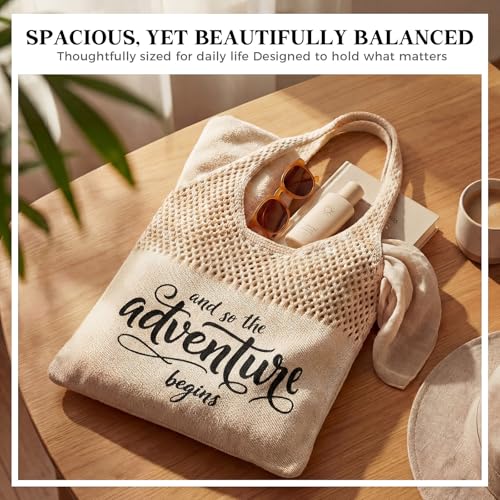 Shinylin Personalized Crochet Tote Bag for Beach Women Beige Mesh Knit Shoulder Bag Boho Aesthetic Tote for Women - style: Adventure