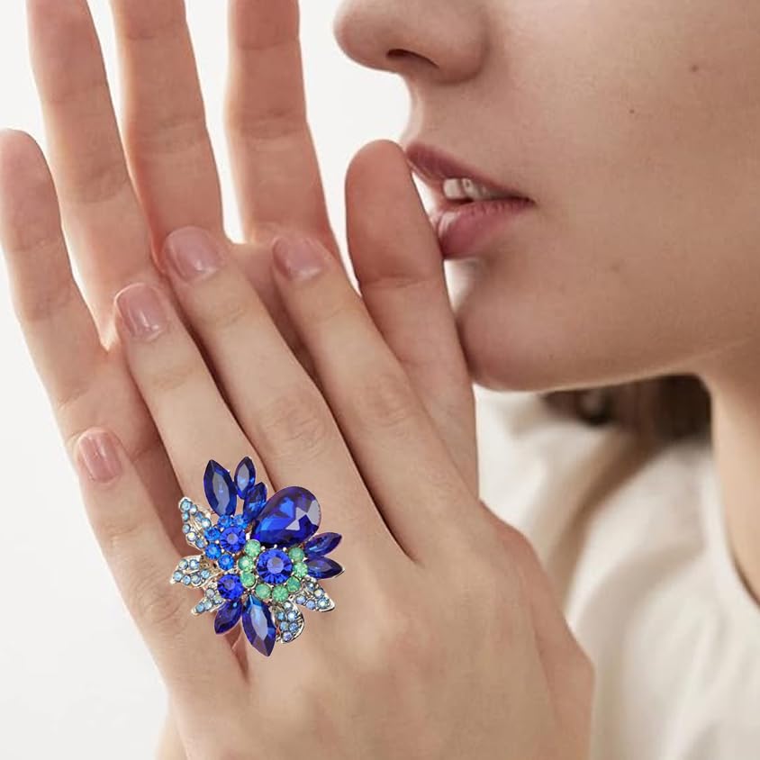CSY Luxury Women's Austrian Crystal Leaves Flower Big Cocktail Statement Rings Stretch Adjustable Ring Jewelry Accessories - color: 01 royal blue