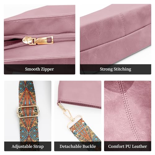 Hobo Bags for Women Crossbody Bag Guitar Strap Purse Vegan Leather Shoulder Handbags Boho Purses Tote Bucket Bag - color: Pink