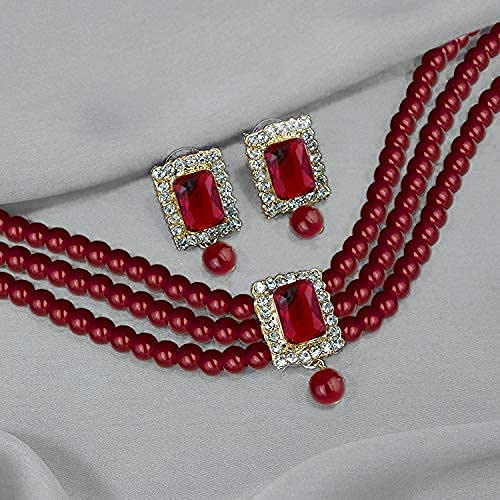 Aheli Ethnic Choker Necklace Earrings Wedding Bollywood Party Jewelry Set Gift for Women - color: Maroon 2