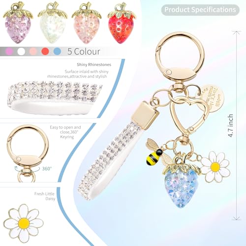 Keychain for Women Girls Bling Heart/Star/Strawberry Key Chain Accessories for Key/Backpack Bag Charm - color: Blue Strawberry