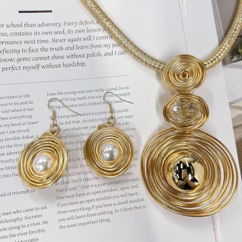 Large Spiral Pearl Rhinestone Pendant Necklace Earring Set for Women Handmade Chunky Statement Collar Choker Fashion Ethnic Tribal Wire Wrapped Adjustable Rope Chain Banquet Party Dress Jewelry - color: Gold