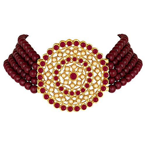Aheli Pearl Diamond Choker Necklace & Round Earrings Gift for Women Indian Traditional Bollywood Fashion Bharatanatyam jewellery set - color: Maroon 1