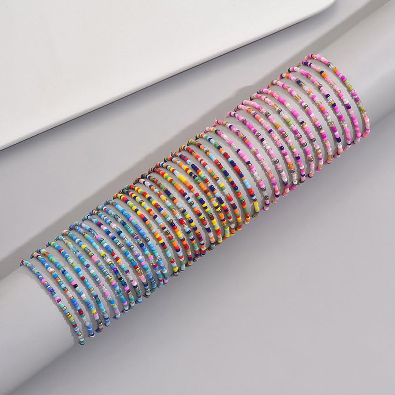 Caiyao 36Pcs Colorful Elastic Seed Beaded Bracelets Set Bohemia Multilayer Rainbow Beaded Stretch Bracelet Anklet Adjustable Glass Beads Wristbands for Women Summer Beach Boho Vaction Jewelry - style: StyleB