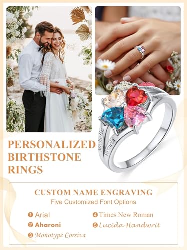 Custom4U Personalized 1-4 Birthstone Rings for Women Promise Rings for Her Sterling Silver Mothers Ring Customized Cubic Zirconia Stones Wedding/Valentine's Day/Mother's Day Jewelry Gift for Mom Wife - color: A-4 Names-Silver