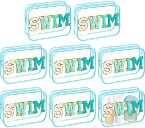 Kacctyen Clear Makeup Bag Bulk Summer Beach Sunscreen Pouch Waterproof Toiletry Cosmetic Zippered Organizer with Preppy Chenille Letter Patch(Swim,Lake Blue,8 Pcs) - color: Lake Blue, size: Swim