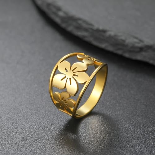 TEAMER Bohemian Hollow Flower Ring Stainless Steel Rhinestone Flower Ring Wedding Band Ring Exquisite Jewelry for Women - color: Gold