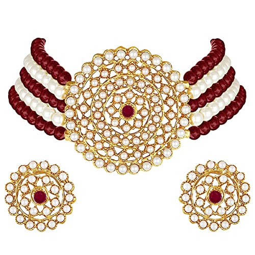 Aheli Pearl Diamond Choker Necklace & Round Earrings Gift for Women Indian Traditional Bollywood Fashion Bharatanatyam jewellery set - color: Maroon & White