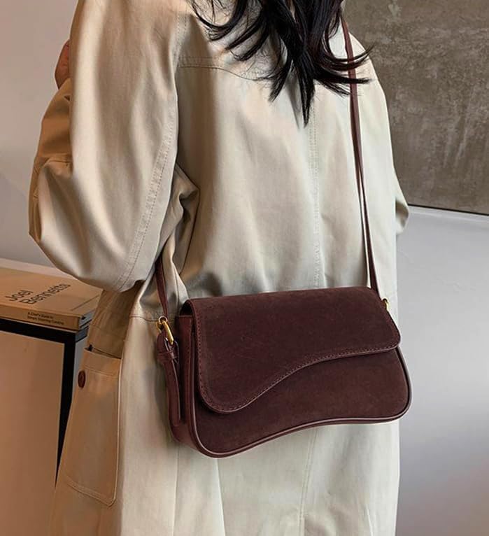 Women's Shoulder Bag Suede Handbag Underarm Purse Tote Bag Brown Suede Purse Y2K Crossbody Bag with Removable Strap - color: Coffee