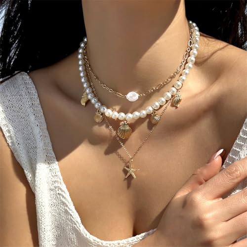 Boho Multi-layered Shell Starfish Necklace Layered Pearl Pendant Choker Necklace Fashionable Clavicle Chain Necklace Seaside Beach Vacation Jewelry for Women - color: Starfish2