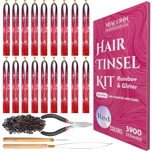 NIACONN Glitter Hair Tinsel Extensions Kit Red with Tools and Beads, 48 Inch Sparkly Fairy Colorful Tensile Strands Shiny Hair Accessories for Women Girls Kids - color: Red