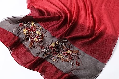 WINCESS YU Women Mulberry Silk Scarf Long & Large Embroidered Floral Pattern Shawl and Wraps Neckerchief for Hair & Neck - color: Gradient Red