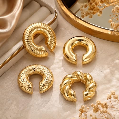 KISS WIFE 4 Pcs Chunky Ear Cuffs Non Piercing for Women, 14K Gold Plated Clip On Cartilage Hoop Earrings Jewelry Gifts - color: Gold