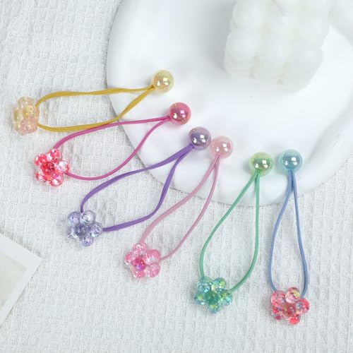 12PCS Ball Charm Hair Ties for Little Girls, Colored Camellia Bead Rubber Band Bubble Hair Ties with Balls No Damage Ponytail Holders for Toddler Girls (Pink, Purple, Blue, Rose Red, Green,Yellow) - color: Pink, Purple, Blue, Rose Red, Green ,Yellow