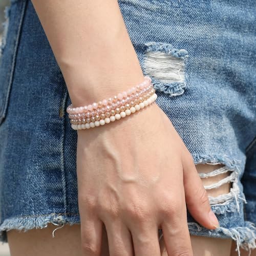 Ymapinc 4pcs Pink Bracelet for Women, Boho Stackable Bead Bracelet Set for Mothers Day, Pink Crystal Stretch Bracelets, Trendy Friendship/Mothers Day Gifts (4mm Beads)
